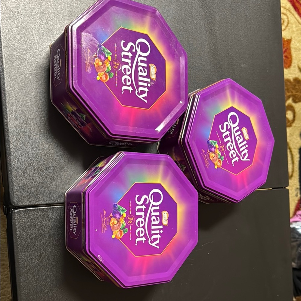 Quality Street Purple Tins, modern, empty metal tins